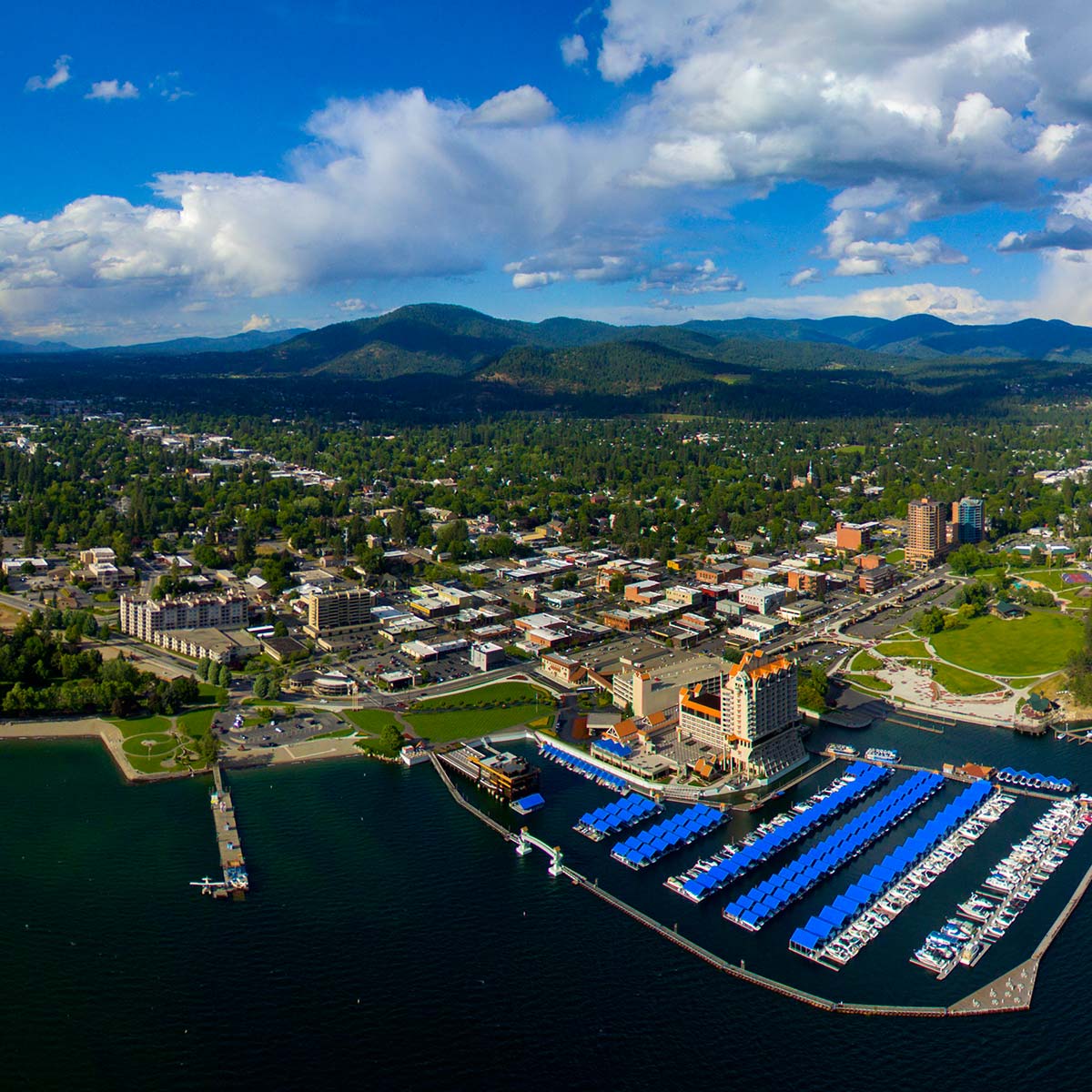 Overhead shot of dock and Coeur d'Alene cityscape