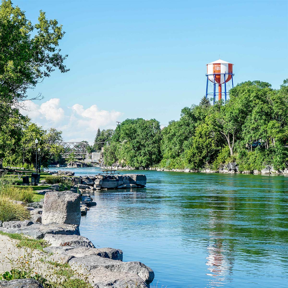 River with Idaho Falls water tower in background
